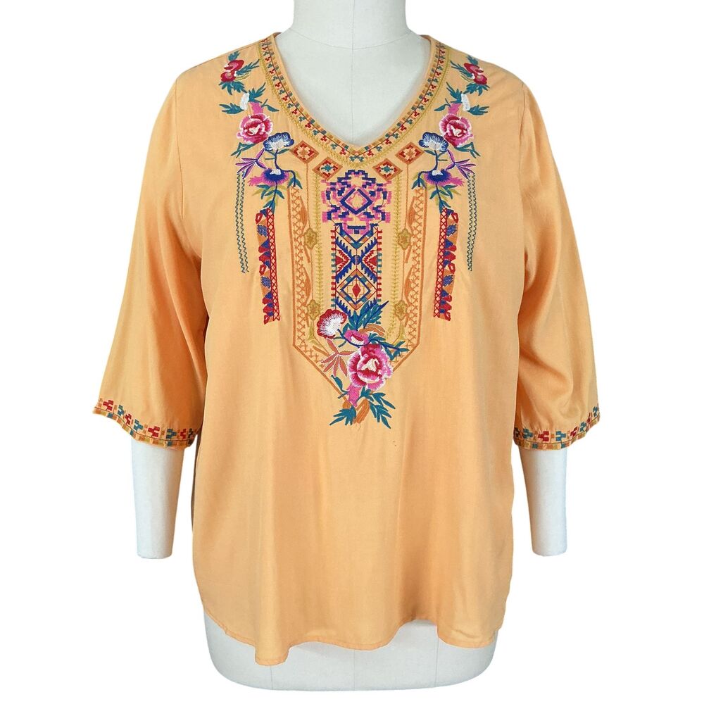 Laura Klein Top XL Bright Yellow Multicolor Floral Embroidery BOHO Festival NWT